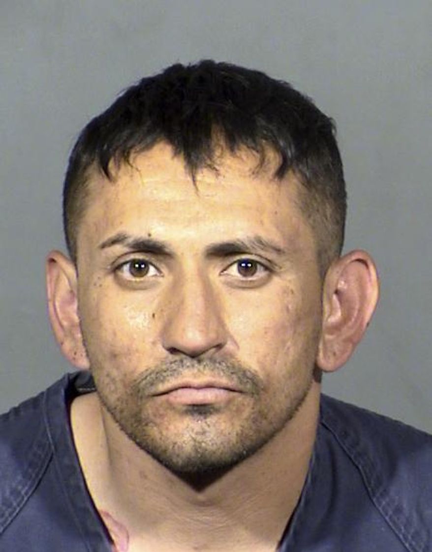 This Clark County Detention Center photo shows Richi Briones, 32, following his arrest Wednesday, April 19, 2017. Briones was jailed on suspicion of three knife attacks that killed one man and wounded another in east of downtown Las Vegas. Police say one would-be victim escaped unharmed. Photo provided by Las Vegas Metropolitan Police Department. (Vegas Metropolitan Police Department via AP Photo)