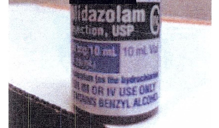FILE - This combination of file photos shows one of the three drugs that the Arkansas Department of Correction (ADC) purchased to perform several executions. The top photo, provided by the ADC, shows a bottle of Midazolam, with the manufacturer's information blacked out by the ADC. The bottom photo, provided by the U.S. Food and Drug Administration, shows the label for Midazolam. London-based Hikma Pharmaceuticals, whose American subsidiary West-Ward Pharmaceuticals makes the drug, has said that it does not want its drugs to be used for executions. (Arkansas Department of Correction/FDA via AP)