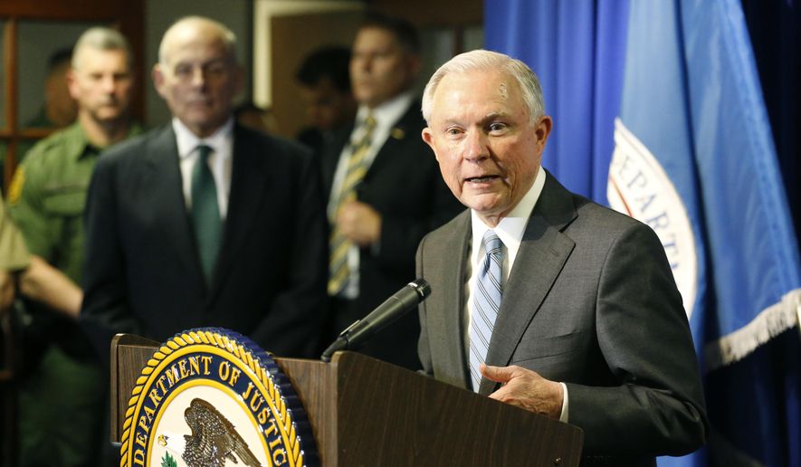 Attorney General Jeff Sessions, right, speaks as Homeland Security Secretary John Kelly listens after the pair toured the ports of entry and met with Department of Justice and DHS personnel in El Paso, Texas, Thursday, April 20, 2017. (Ruben R. Ramirez/The El Paso Times via AP)