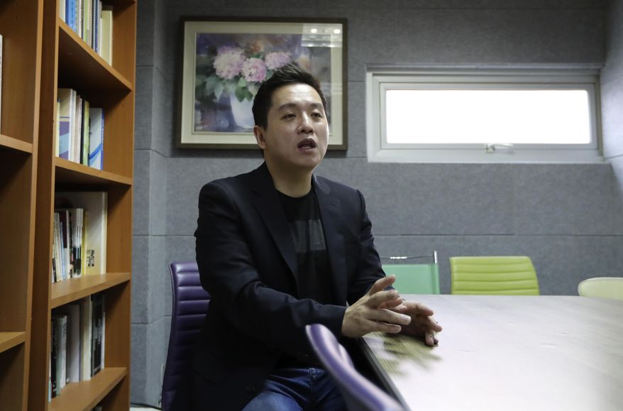 Taehoon Lim, the head of the Military Human Rights Center for Korea, speaks during an interview in Seoul, South Korea, Friday, April 21, 2017. A watchdog group says South Korea's army is hunting down and prosecuting gay servicemen after a video of two male soldiers having sex was posted on the internet earlier this year, stoking fear in an already persecuted minority group. (AP Photo/Lee Jin-man)