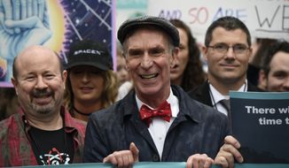 Bill Nye &quot;The Science Guy&quot; participates in the March for Science in Washington, Saturday, April 22, 2017. Scientists, students and research advocates rallied from the Brandenburg Gate to the Washington Monument on Earth Day, conveying a global message of scientific freedom without political interference and spending necessary to make future breakthroughs possible.  (AP Photo/Sait Serkan Gurbuz)