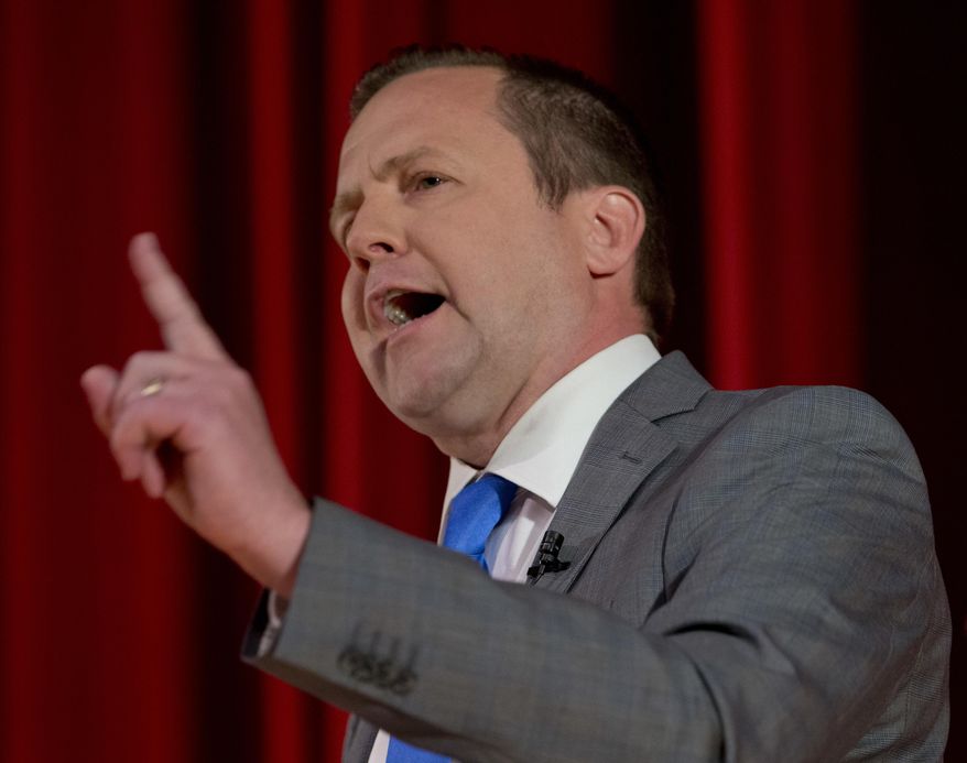 Republican gubernatorial candidate Corey Stewart, speaks during a Tea Party debate at Goochland High School in Goochland, Va., Saturday, April 22, 2017. He and two others face off in a primary on June 13. (AP Photo/Steve Helber)