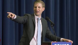 In this July 6, 2016 file photo, Eric Trump, son of President Donald Trump speaks during a campaign rally at the Sharonville Convention Center in Cincinnati. (AP Photo/John Minchillo, File)