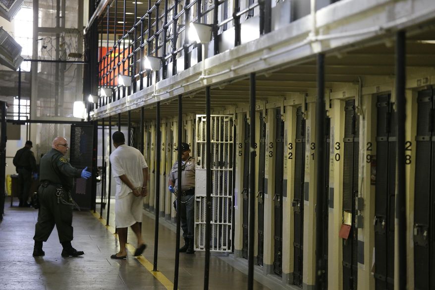 FILE - IN this Aug. 16, 2016, file photo a condemned inmate is led out of his east block cell on death row at San Quentin State Prison, in San Quentin, Calif. California corrections officials expect to meet a Wednesday, April 26, 2017, deadline to submit revised lethal injection rules to state regulators, trying again with technical changes after the first attempt was rejected in December. While California has long been what one expert calls "a symbolic death penalty state," the nation's most populous state may now be easing back toward allowing executions. (AP Photo/Eric Risberg, File)