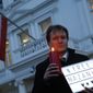 FILE -- In this Jan. 16, 2017 file photo, Richard Ratcliffe, husband of imprisoned charity worker Nazanin Zaghari-Ratcliffe, poses for the media during an Amnesty International led vigil outside the Iranian Embassy in London. The family of Zaghari-Ratcliffe who was detained in Iran while on a trip with her toddler daughter says all efforts to appeal her five-year prison sentence in court have failed. Ratcliffe, who works for the Thomson Reuters Foundation, the charitable arm of the news agency, found out this weekend that her appeal to Iran&#39;s supreme court failed. (AP Photo/Alastair Grant, File)