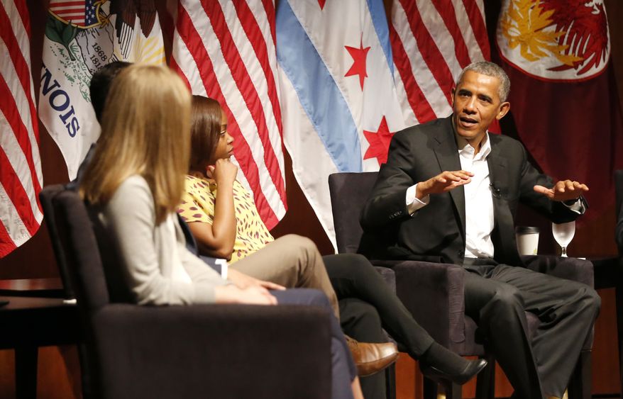 Former President Barack Obama hosts a conversation on civic engagement and community organizing, Monday, April 24, 2017, at the University of Chicago in Chicago. It&#x27;s the former president&#x27;s first public event of his post-presidential life in the place where he started his political career. (AP Photo/Charles Rex Arbogast)