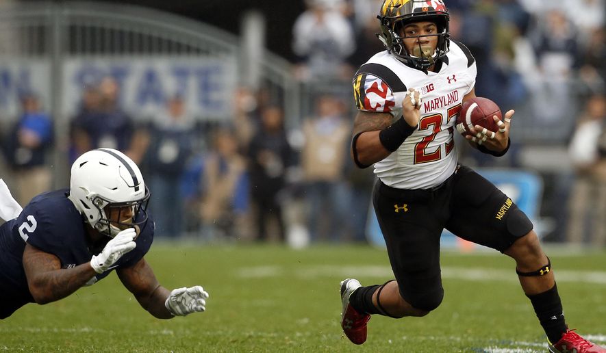 FILE - In this Oct. 8, 2016, file photo, Maryland's Lorenzo Harrison (23) gets past Penn State's Marcus Allen (2) during the first half of an NCAA college football game in State College, Pa. Harrison would have made a run at 1,000 yards as a freshman if he hadn’t missed the last four games because of suspension. He’s shifty and hard to bring down, and ready to become one of the top backs in the Big Ten. (AP Photo/Chris Knight, File)