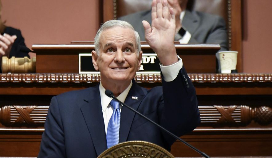 FILE - In this Jan. 23, 2017, file photo, Minnesota Gov. Mark Dayton delivers his State of the State address in St. Paul, Minn. All eyes at the Minnesota Legislature are on the budget before they adjourn May 22. Dayton is one of the men who will play a large role in crafting it. (Glen Stubbe/Star Tribune via AP, File)