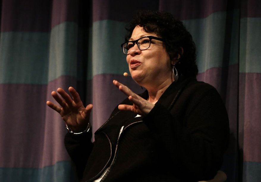 FILE - In this March 9, 2017 file photo, Supreme Court Justice Sonia Sotomayor speaks at the University of California at Berkeley in Berkeley, Calif. The Supreme Court on Monday, April 24, 2017, rejected an appeal from a Houston man shot in the back by police during a traffic stop, prompting Justice Sonia Sotomayor to complain of a “disturbing trend” in how the high court deals with cases alleging police misconduct. (AP Photo/Ben Margot, File)