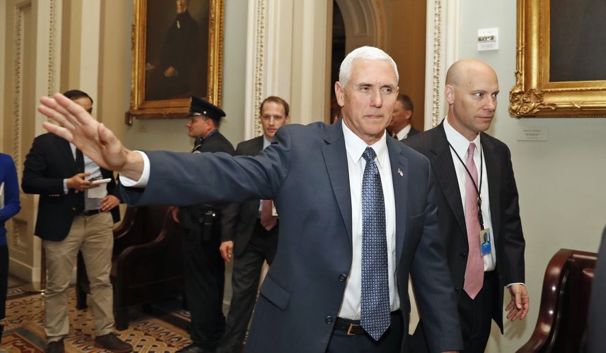 Vice President Mike Pence waves as he arrives for a Republican policy luncheon on Capitol Hill in Washington, Tuesday, April 25, 2017. (AP Photo/Alex Brandon)