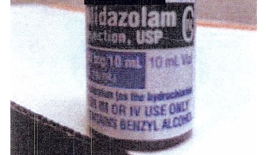 FILE - This combination of file photos shows one of the three drugs that the Arkansas Department of Correction (ADC) purchased to perform several executions. The top photo, provided by the ADC, shows a bottle of Midazolam, with the manufacturer&#39;s information blacked out by the ADC. The bottom photo, provided by the U.S. Food and Drug Administration, shows the label for Midazolam. Arkansas has executed three inmates in the past week using midazolam, a sedative that’s been the subject of multiple court challenges since it was first used by Florida in 2013. (Arkansas Department of Correction/FDA via AP, File)