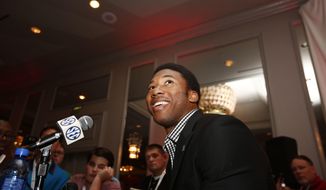 FILE - In this July 12, 2016, file photo, Texas A&amp;amp;M defensive linebacker Myles Garrett speaks to the media at the Southeastern Conference NCAA college football media days, in Hoover, Ala. Garrett is a possible first pick in the NFL Draft in Philadelphia on Thursday, April 27, 2017. (AP Photo/Brynn Anderson)