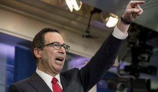 Treasury Secretary Steve Mnuchin takes a question in the briefing room of the White House in Washington, Wednesday, April 26, 2017, where he discussed President Donald Trump tax proposals. (AP Photo/Andrew Harnik)