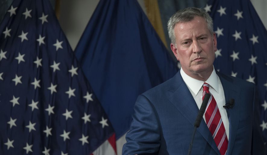 New York City Mayor Bill de Blasio speaks during a news conference, Wednesday, April 26, 2017, in New York&#x27;s City Hall. The mayor released his $84.86 billion fiscal 2018 executive budget on Wednesday. (AP Photo/Mary Altaffer)