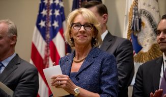 Education Secretary Betsy DeVos attends a federalism event with governors in the Roosevelt Room at the White House in Washington, Wednesday, April 26, 2017. (AP Photo/Andrew Harnik) ** FILE **