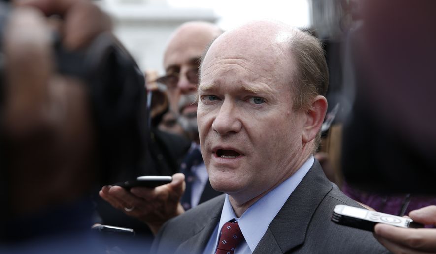 Sen. Chris Coons, Delaware Democrat, talks with reporters after an all-senators briefing on the Democratic People&#x27;s Republic of Korea at the Eisenhower Executive Office Building on the White House complex in Washington on April, 26, 2017. (Associated Press) ** FILE **