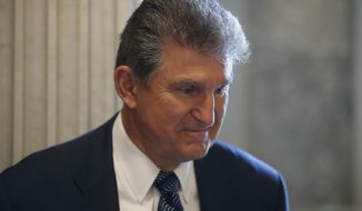 Sen. Joe Manchin, D-W. Va. listens to a reporter&#x27;s question before a policy luncheon on Capitol Hill in Washington, Tuesday, April 25, 2017. (AP Photo/Alex Brandon)