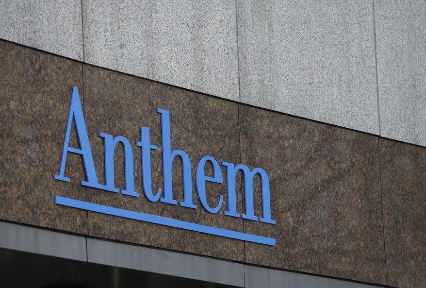 FILE - This Wednesday, Dec. 3, 2014, file photo shows the Anthem logo at the company's corporate headquarters in Indianapolis. Anthem's first-quarter earnings soared past Wall Street forecasts, and the health insurer raised its 2017 forecast after jumping deeper into government-funded business and cutting costs. (AP Photo/Darron Cummings, File)
