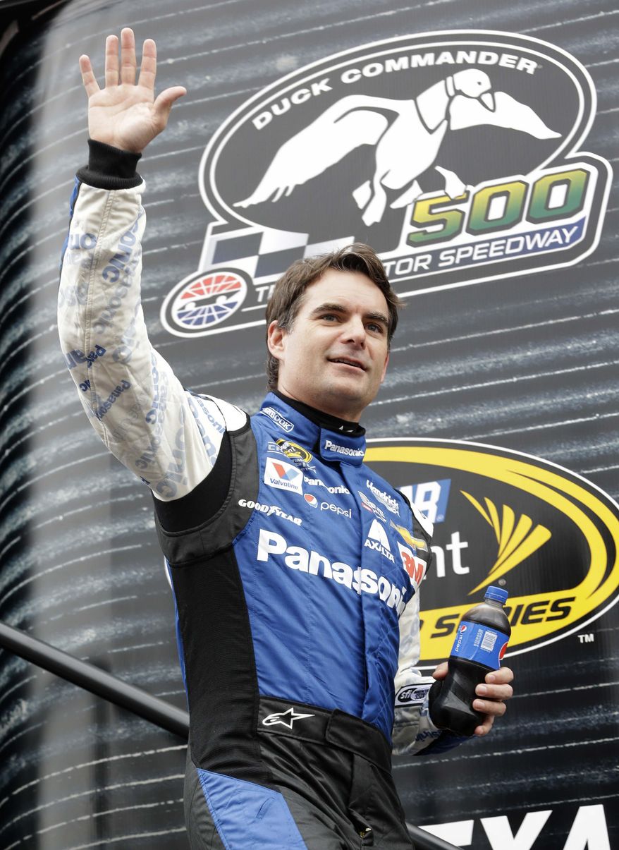 FILE - In this April 11, 2015, file photo, Sprint Cup Series driver Jeff Gordon waves during introductions before a NASCAR auto race at Texas Motor Speedway in Fort Worth, Texas. First went Jeff Gordon. Then Tony Stewart. Now Dale Earnhardt Jr. is packing his bags to leave NASCAR. All have their own reasons, but the nation&#x27;s most popular auto racing series is a victim of its own popularity.  (AP Photo/Tim Sharp, File)