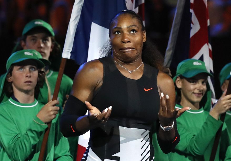 FILE - In this Jan. 28, 2017, file photo, Serena Williams reacts after defeating her sister Venus during their women&#x27;s singles final at the Australian Open tennis championships in Melbourne, Australia. Williams said on April 25, 2017, at the TED2017 Conference in Vancouver, British Columbia, that she was taking a personal photo of her progressing pregnancy on Snapchat when she accidentally pressed the wrong button and made the post public last week. (AP Photo/Kin Cheung, File)