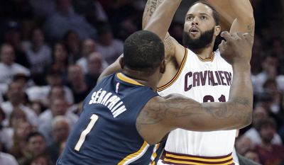 FILE - In this April 17, 2017, file photo, Cleveland Cavaliers&#x27; Deron Williams shoots over Indiana Pacers&#x27; Kevin Seraphin, from France, in the first half in Game 2 of a first-round NBA basketball playoff series, in Cleveland. Deron Williams looked lost for most of his first two months with the Cavaliers. The former All-Star guard found his way in the first round of the NBA playoffs, helping the defending champions sweep Indiana and showing that he might be a cure to the ills of their second unit. (AP Photo/Tony Dejak, File)