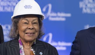 Rachel Robinson, widow of Jackie Robinson, smiles during a ceremonial ground breaking for the Jackie Robinson Museum, Thursday, April 27, 2017, in New York. (AP Photo/Mary Altaffer)