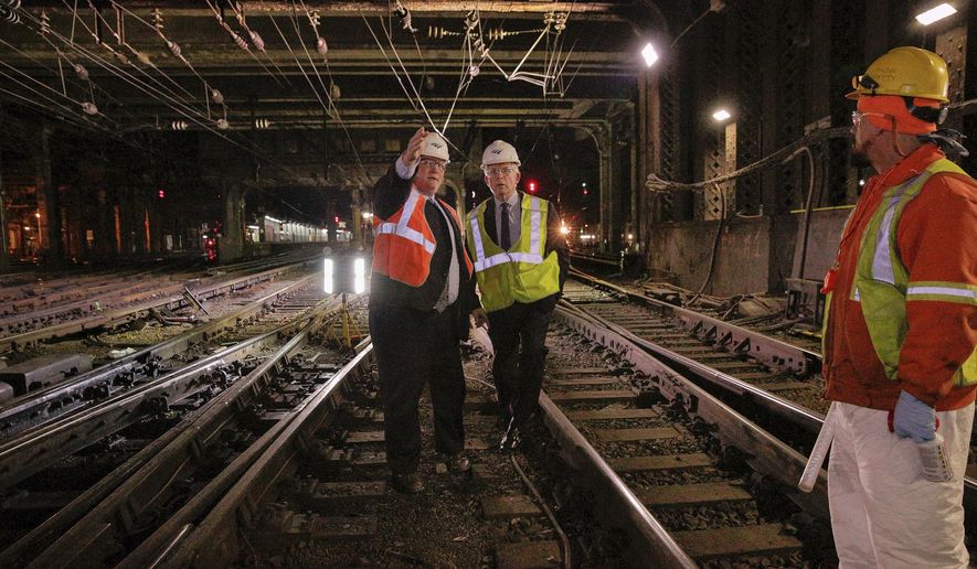 In this April 6, 2017 photo provided by Amtrak, Amtrak President and CEO Wick Moorman, right, and Amtrak Deputy General Manager Steve Young assess the tracks at New York&#39;s Penn Station. Amtrak officials said on Thursday, April 27, 2017 that necessary work on tracks and signals at New York&#39;s Pennsylvania Station will begin in May and continue through the summer. Rail travelers who have endured major disruptions recently at the nation&#39;s busiest rail station are likely to see more delays this summer because New York&#39;s Penn Station is in dire need of repair work. (Amtrak via AP)