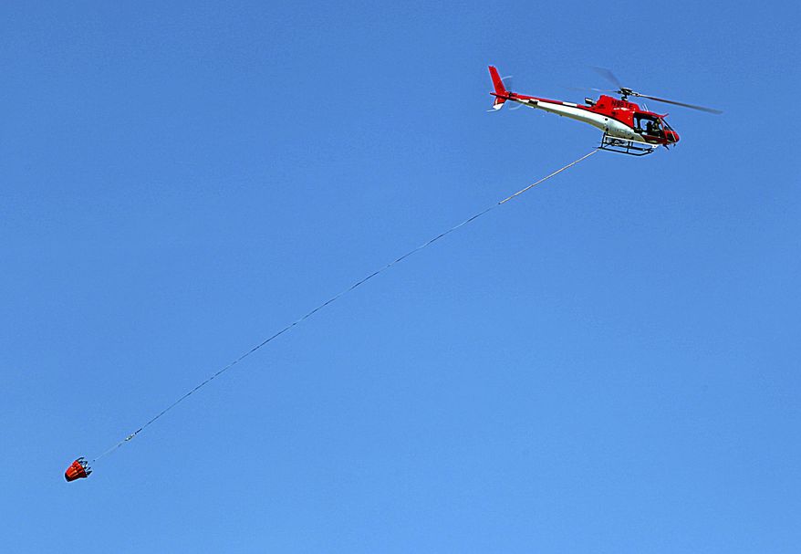 An helicopter takes off in Sonoita, Ariz., as crews battle a wildfire in Sonoita, Ariz., on Wednesday, April 26, 2017. Calmer winds provided some temporary relief Wednesday as crews worked to contain a southern Arizona wildfire but residents of hundreds of homes remained under pre-evacuation notices. (Mark Levy/Sierra Vista Herald via AP)