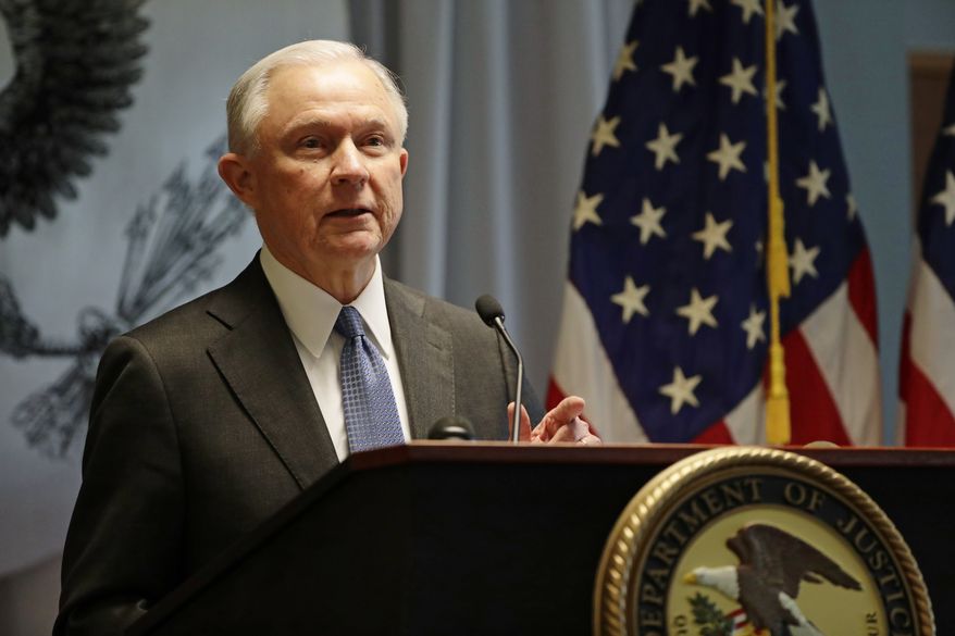 U.S. Attorney General Jeff Sessions speaks to members of law enforcement Friday, April 28, 2017, in Central Islip, N.Y. Sessions discussed the violent street gang that's gripping the suburban area. (AP Photo/Frank Franklin II)
