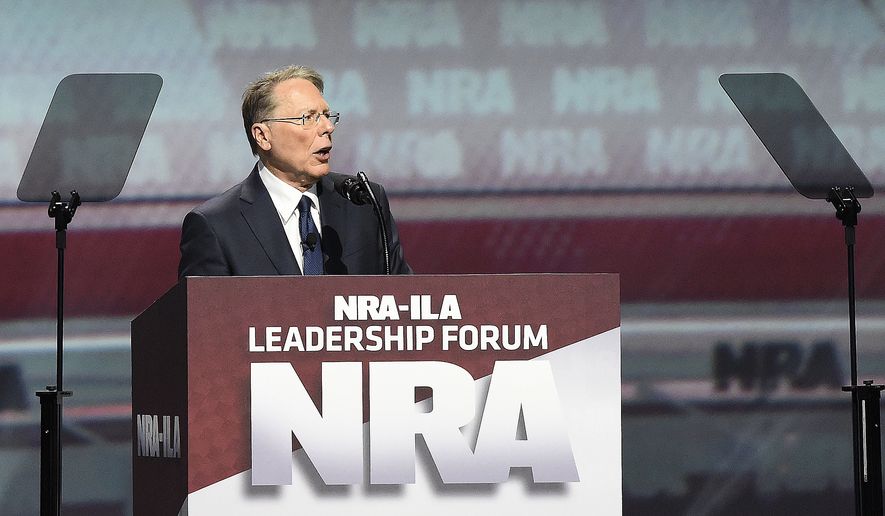 National Rifle Association Executive Vice President Wayne LaPierre speaks ahead of President Donald Trump during the National Rifle Association-ILA Leadership Forum, Friday, April 28, 2017, in Atlanta. The NRA is holding its 146th annual meetings and exhibits forum at the Georgia World Congress Center. (AP Photo/Mike Stewart)