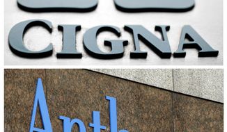 This combo of file photos shows signage for health insurers Cigna Corp., and Anthem Inc.  A federal appeals court on Friday, April 28, 2017, left in place a decision blocking Blue Cross-Blue Shield insurer Anthem&#39;s bid to buy rival Cigna, saying that a bigger company is not better for consumers.The 2-1 decision upholds a federal judge&#39;s ruling in February that said the proposed $48 billion acquisition would reduce competition in the concentrated insurance market. (AP Photo/File)