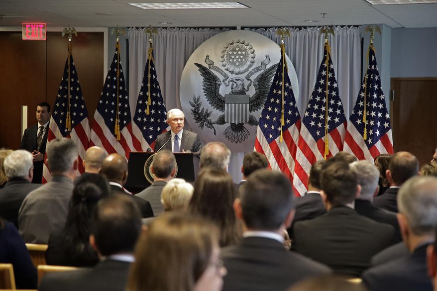 Attorney General Jeff Sessions speaks to members of law enforcement Friday, April 28, 2017, in Central Islip, N.Y. Sessions discussed the violent street gang that's gripping the suburban area. (AP Photo/Frank Franklin II)