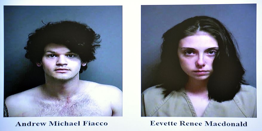 Booking photos released by the Macomb County Sheriff's Office of Andrew Michael Fiacco, left, and Eevette Renee MacDonald are displayed during a press conference at the sheriff's office, Friday, April 28, 2017, in Mount Clemens, Mich. The pair were charged in the slaying and mutilation of Stephen McAfee, an acquaintance who went missing last year but whose body parts were found just this week in a shallow grave behind Fiacco's home in Ray Township as well as at vacant field north of Detroit, authorities announced Friday. (Macomb County Sheriff's Office via Detroit News via AP)