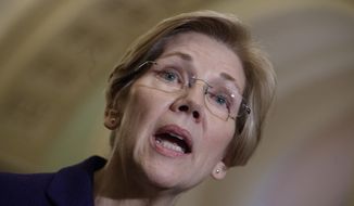 FILE - In this March, 14, 2017, file photo, Sen. Elizabeth Warren, D-Mass., speaks with reporters as Democrats criticize the Republican health care plan, at the Capitol in Washington. Warren said during an interview on SiriusXM&#39;s &amp;quot;Alter Family Values&amp;quot; April 27, 2017, that she was “troubled” by reports that former President Barack Obama will give a speech to a September health care conference that will be paid for by Wall Street firm Cantor Fitzgerald. (AP Photo/J. Scott Applewhite, File)