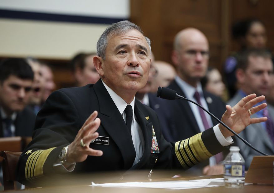FILE - In this Wednesday, April 26, 2017, file photo, U.S. Pacific Command Commander Adm. Harry Harris Jr. testifies on Capitol in Washington, Wednesday, April 26, 2017, before a House Armed Services Committee hearing on North Korea. America’s top Pacific commander is confident in the ability of a contentious U.S. missile defense system soon to operate in South Korea to shoot down North Korean missiles. But like nearly everything associated with the world’s last Cold War standoff the truth is muddier. (AP Photo/Manuel Balce Ceneta, File)