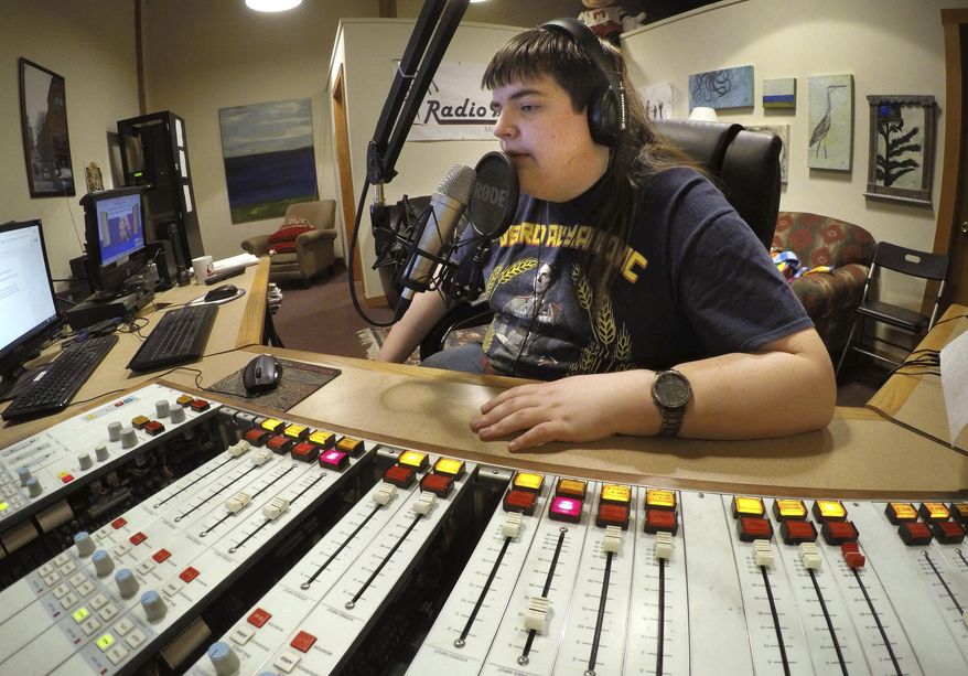 ADVANCE FOR USE MONDAY, MAY 1, 2017 AND THEREAFTER-In this March 18, 2017 photo, Chaz Wing records the weather forecast at a radio station in Brunswick, Maine. Wing has testified that he was raped by other kids three times in his first year in junior high, even after repeatedly complaining of harassment to teachers and administrators. Chaz’s saga is more than a tale of escalating bullying. Across the U.S., thousands of students have been sexually assaulted, by other students, in high schools, junior highs and even elementary schools _ a hidden horror educators have long been warned not to ignore. (AP Photo/Robert F. Bukaty)