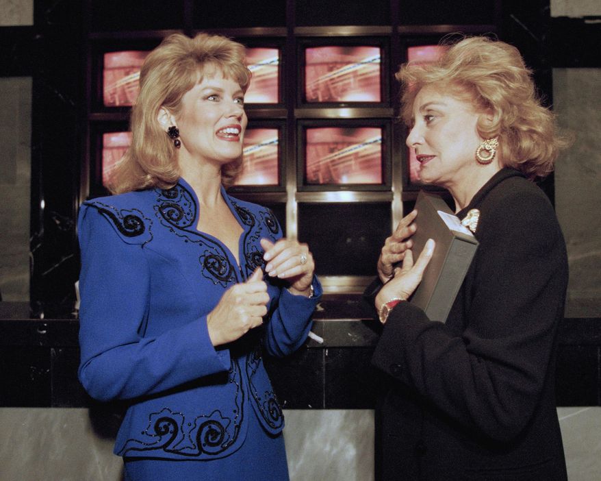 FILE - In this Sept. 28, 1994 file photo, "Entertainment Tonight" co-host Mary Hart, left, talks with Barbara Walters during a reception at the Museum of Television and Radio in New York. Hart's legacy in entertainment news will be recognized Sunday, April 30, 2017 with a lifetime achievement award at the Daytime Emmys ceremony. (AP Photo/Adam Nadel)