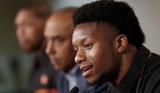 Cincinnati Bengals second-round draft pick Joe Mixon speaks during a news conference at Paul Brown Stadium, Saturday, April 29, 2017, in Cincinnati. The former Oklahoma running back was selected as the 48th overall pick. (AP Photo/John Minchillo)