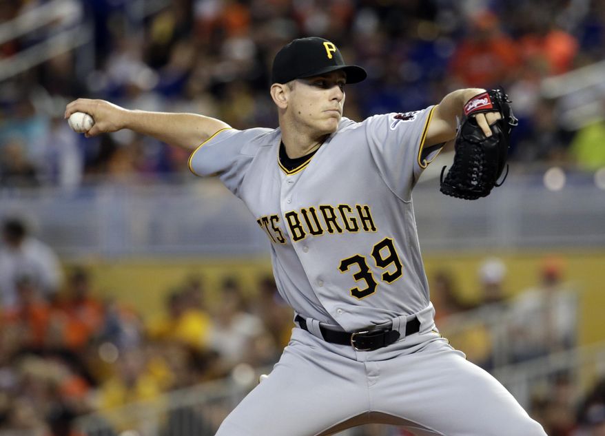 Pittsburgh Pirates starting pitcher Chad Kuhl (39) throws during the first inning of a baseball game against the Miami Marlins, Sunday, April 30, 2017, in Miami. (AP Photo/Lynne Sladky)