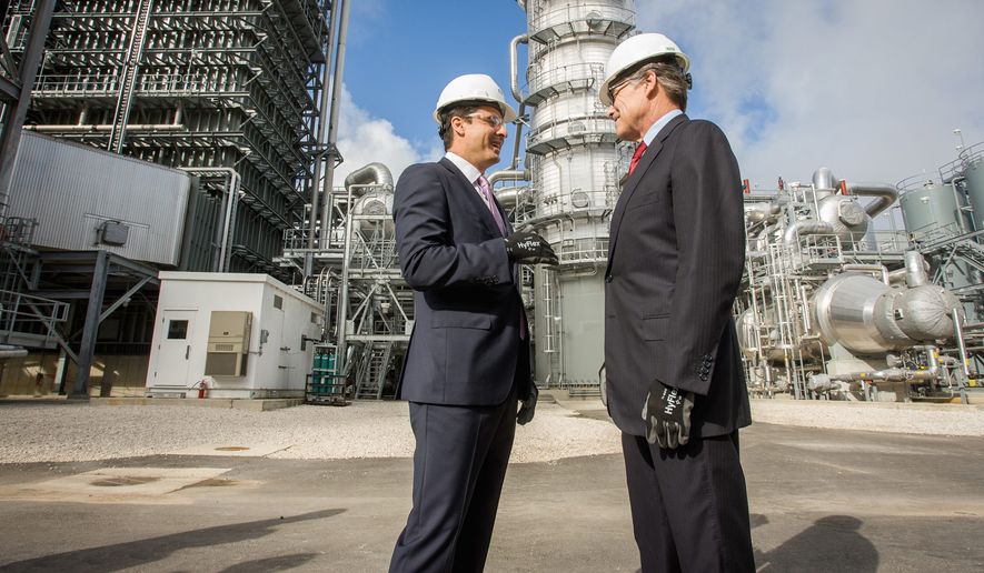 Energy Secretary Rick Perry (right) and NRG Energy CEO Mauricio Gutierrez toured the newly opened Petra Nova carbon capture and enhanced oil recovery system on April 13, 2017. This joint venture by NRG Energy and JX Nippon Oil &amp; Gas Exploration Corp. is located near Houston and started operations at the end of 2016. The project has delivered more than 300,000 tons of carbon dioxide to the West Ranch oil field, owned by Petra Nova and Hilcorp Energy. The CO2 is injected into the oil reservoir to increase oil production in a process called Enhanced Oil Recovery. Image courtesy of NRG Energy/AP.