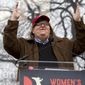 In a Saturday, Jan. 21, 2017 file photo, film director Michael Moore speaks to the crowd during the women&#x27;s march rally, in Washington. Filmmaker and activist Moore will perform the one-man show “The Terms of My Surrender” at the Belasco Theatre on Broadway starting July 28, 2017, for 12 weeks. (AP Photo/Jose Luis Magana, File)