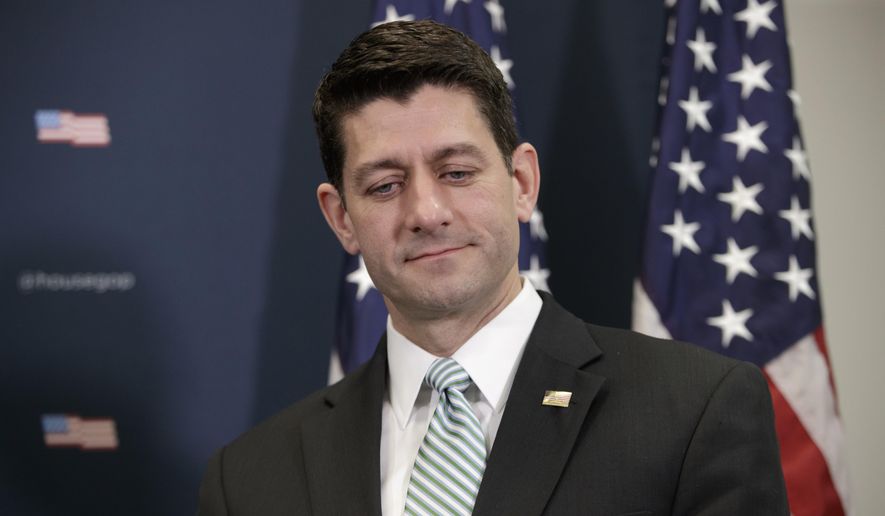 FILE - In this April 4, 2017 file photo, House Speaker Paul Ryan of Wis. pauses during a news conference on Capitol Hill in Washington to talk about the failed health care bill. “Obamacare” is showing surprising staying power, thanks in large part to doctors, hospitals and other health industry players opposing Republican alternatives thus far. (AP Photo/J. Scott Applewhite, File)