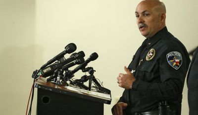 Balch Springs Police Chief Jonathan Haber speaks during a news conference after an officer involved shooting of 15-year-old Jordan Edwards at the Balch Springs Learning Center and Library in Balch Springs, Texas, Monday, May 1, 2017. Haber said Monday that his department wrongly described why an officer fired into a moving vehicle and killed Edwards, after an attorney for the boy’s family said officers were trying to “justify the unjustifiable.”  (Nathan Hunsinger/The Dallas Morning News via AP)