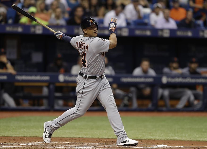 FILE - In this April 18, 2017, file photo, Detroit Tigers' Miguel Cabrera bats against the Tampa Bay Rays during the third inning of a baseball game in St. Petersburg, Fla. Detroit manager Brad Ausmus says he expects Cabrera to come off the disabled list on Tuesday, May 2, 2017, to play Cleveland. (AP Photo/Chris O'Meara, File)