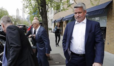 In this April 24, 2017 photo, Fox News co-president Bill Shine, right, leaves a New York restaurant with Rupert Murdoch, second from right, the executive chairman of 21st Century Fox. The turmoil at Fox News Channel has claimed another victim. The network said Monday, May 1, that Shine, a longtime lieutenant of ousted Fox News CEO Roger Ailes, is out. (AP Photo/Mark Lennihan)