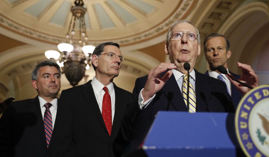 Senate Majority Leader Mitch McConnell of Ky., accompanied by, from left, Sen. Cory Gardner, R-Colo., Sen. John Barrasso, R-Wyo., and Sen. John Thune, R-S.D., speaks to reporters on Capitol Hill in Washington, Tuesday, May 2, 2017, following a policy luncheon. (AP Photo/Pablo Martinez Monsivais)