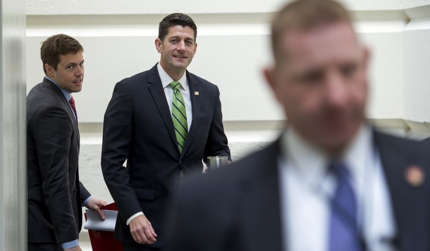 House Speaker Paul Ryan of Wis. arrives for the Republican Caucus meeting on Capitol Hill in Washington, Tuesday, May 2, 2017. (AP Photo/Cliff Owen)