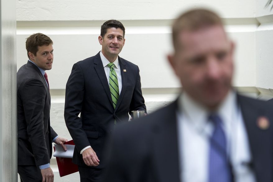 House Speaker Paul Ryan of Wis. arrives for the Republican Caucus meeting on Capitol Hill in Washington, Tuesday, May 2, 2017. (AP Photo/Cliff Owen)