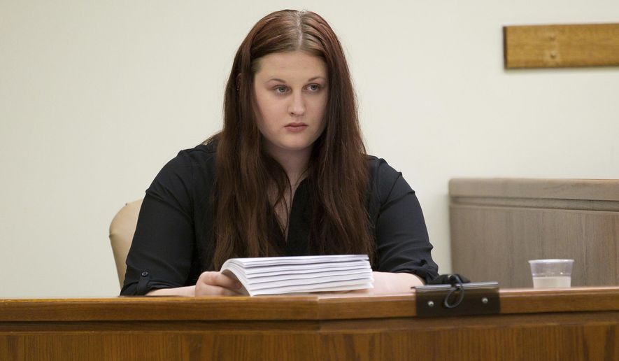 Julia Stensky testifies at the murder trial of her former boyfriend, David Creato, Tuesday, May 2, 2017, in Camden N.J. Creato is accused of killing his 3-year-old son in October 2015 because he allegedly was an impediment to his relationship with a teenage girlfriend. ( Jessica Griffin/The Philadelphia Inquirer via AP, Pool)