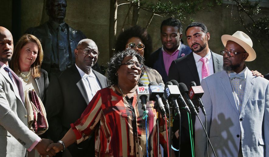 Judy Scott, mother of Walter Scott, who was killed by former Police Officer Michael Slager in 2015, speaks after the plea hearing held for Slager, in Charleston, S.C., Tuesday, May 2, 2017. The white former police officer, whose killing of the unarmed black man running from a traffic stop was captured on cellphone video, pleaded guilty Tuesday to federal civil rights charges that could send him to prison for decades. (Leroy Burnell/The Post And Courier via AP)